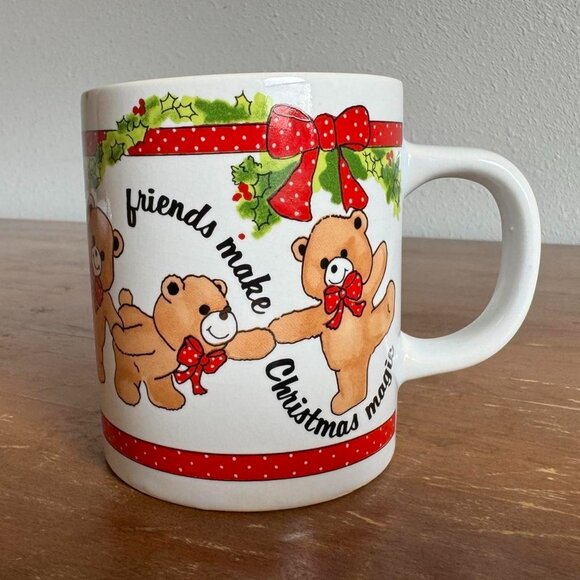 Vintage Norcrest “Friends Make Christmas Magic” Ceramic Mug, Teddy Bear Holiday - Picture 1 of 7
